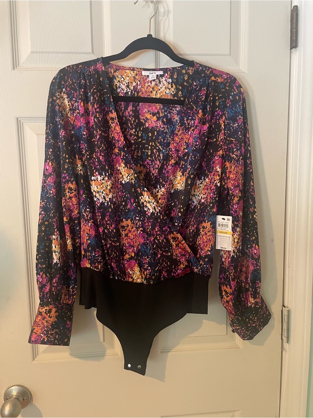 Express Multicolor Floral-Print Surplice Bodysuit Top - Black Mix
